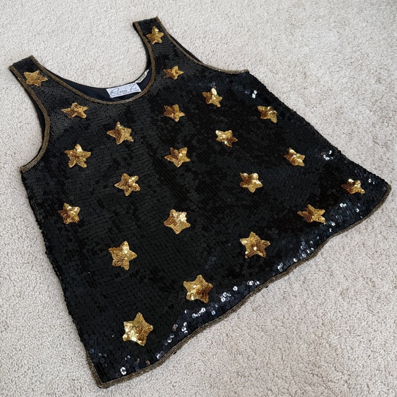 Vintage Rina Z. New York Montreal Paris 100% Silk Sequin Beaded Stars Tank Top - Picture 5 of 17